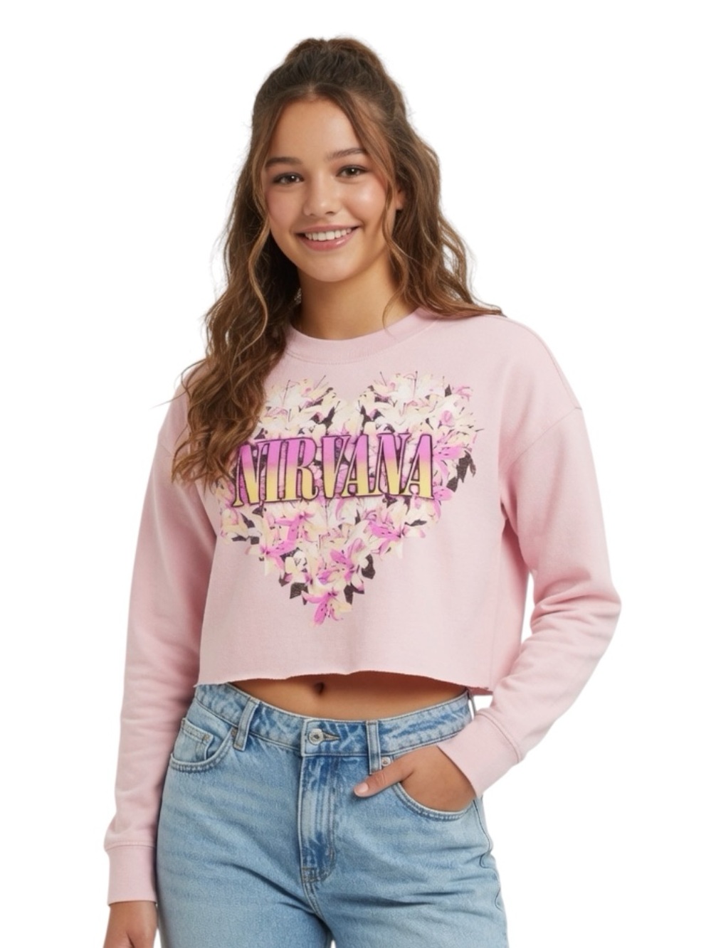 NIRVANA Pink Floral Heart Crop Sweatshirt for Girls